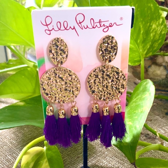 LILLY PULITZER EARRINGS-NWT PURPLE TASSEL “MERMAID GROTTO” GOLD  ⭐️PIERCED POST - Picture 2 of 7